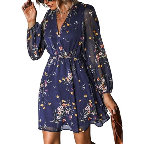 Women's Summer Chiffon Navy Floral A-Line Mini Dress