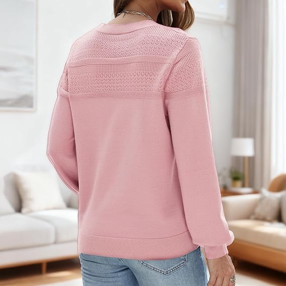 Women's Soft Knit Crochet Crew Neck Long Sleeve Sweater