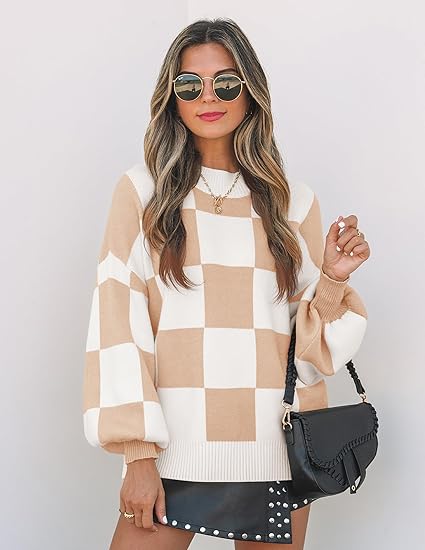 Women's Mock Neck Striped Plaid Knit Pullover Sweater