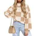 Women's Mock Neck Striped Plaid Knit Pullover Sweater