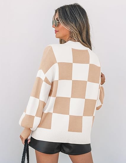 Women's Mock Neck Striped Plaid Knit Pullover Sweater