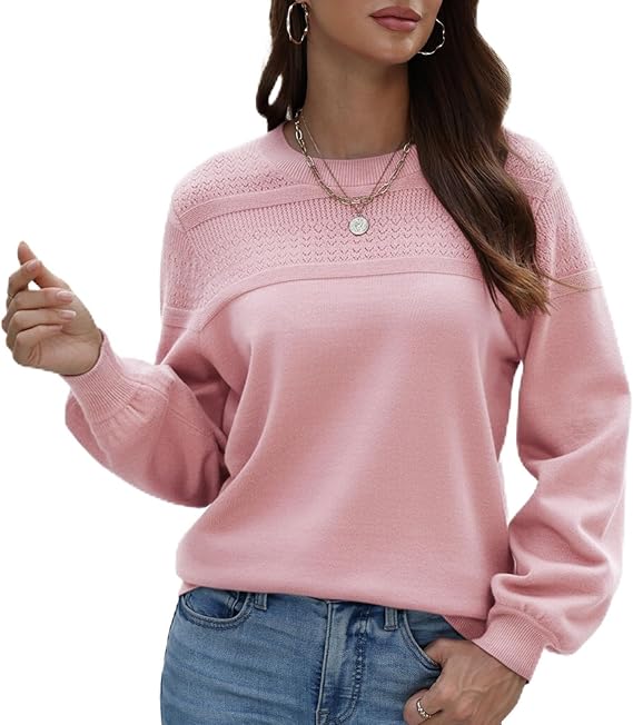 Women's Soft Knit Crochet Crew Neck Long Sleeve Sweater