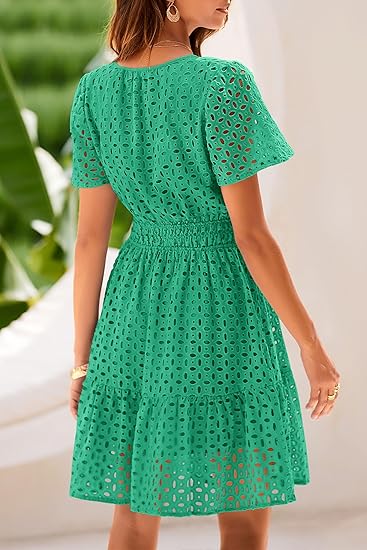 Women's Summer V-Neck Eyelet Lace Ruffle A-Line Mini Dress