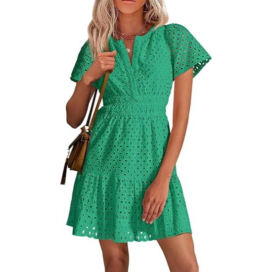Women's Summer V-Neck Eyelet Lace Ruffle A-Line Mini Dress
