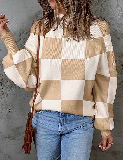 Women's Mock Neck Striped Plaid Knit Pullover Sweater